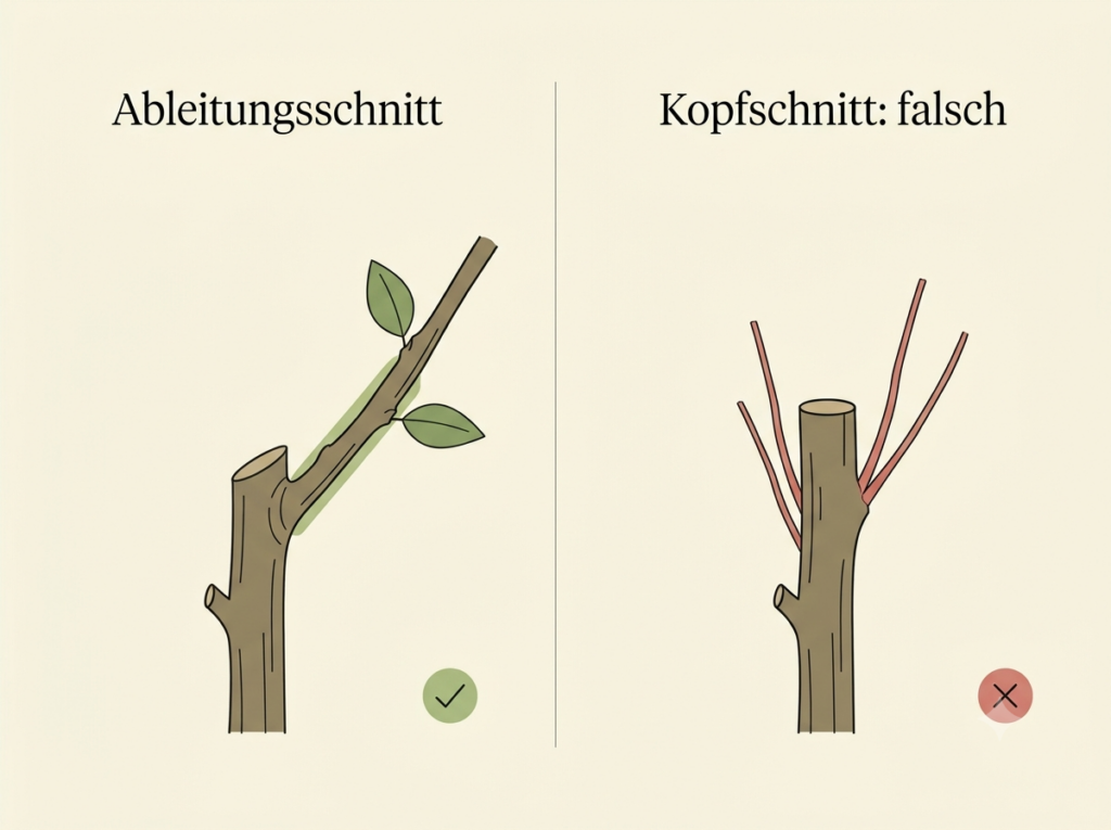 Vergleich Ableitungsschnitt und Kopfschnitt: richtiger Schnitt oberhalb eines Seitentriebs im Vergleich zum falschen Kopfschnitt