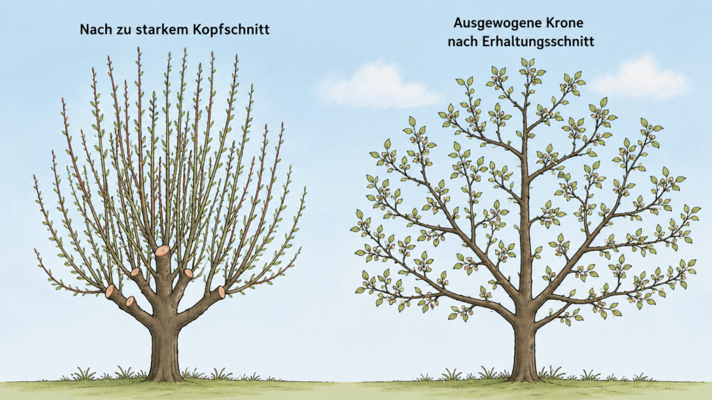 Baum nach zu starkem Kopfschnitt mit dichtem Neuaustrieb im Vergleich zu einer ausgewogenen Krone nach fachgerechtem Erhaltungsschnitt