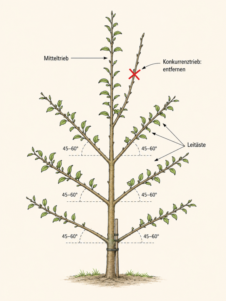 Diagramm des Kronengeruests eines Obstbaums mit Mitteltrieb, Leitaesten im 45-60-Grad-Winkel und zu entfernendem Konkurrenztrieb